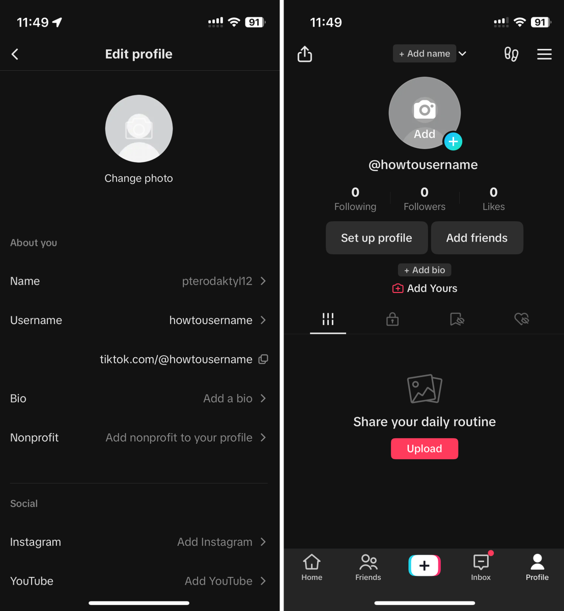 Screenshots of TikTok's profile change option