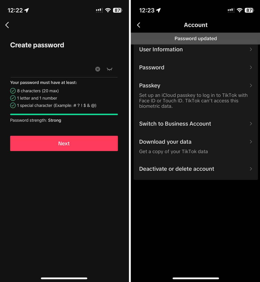 Screenshots of TikTok password changing process