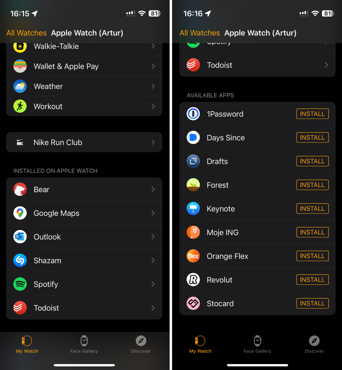 Screenshot of Apple Watch's settings on iOS