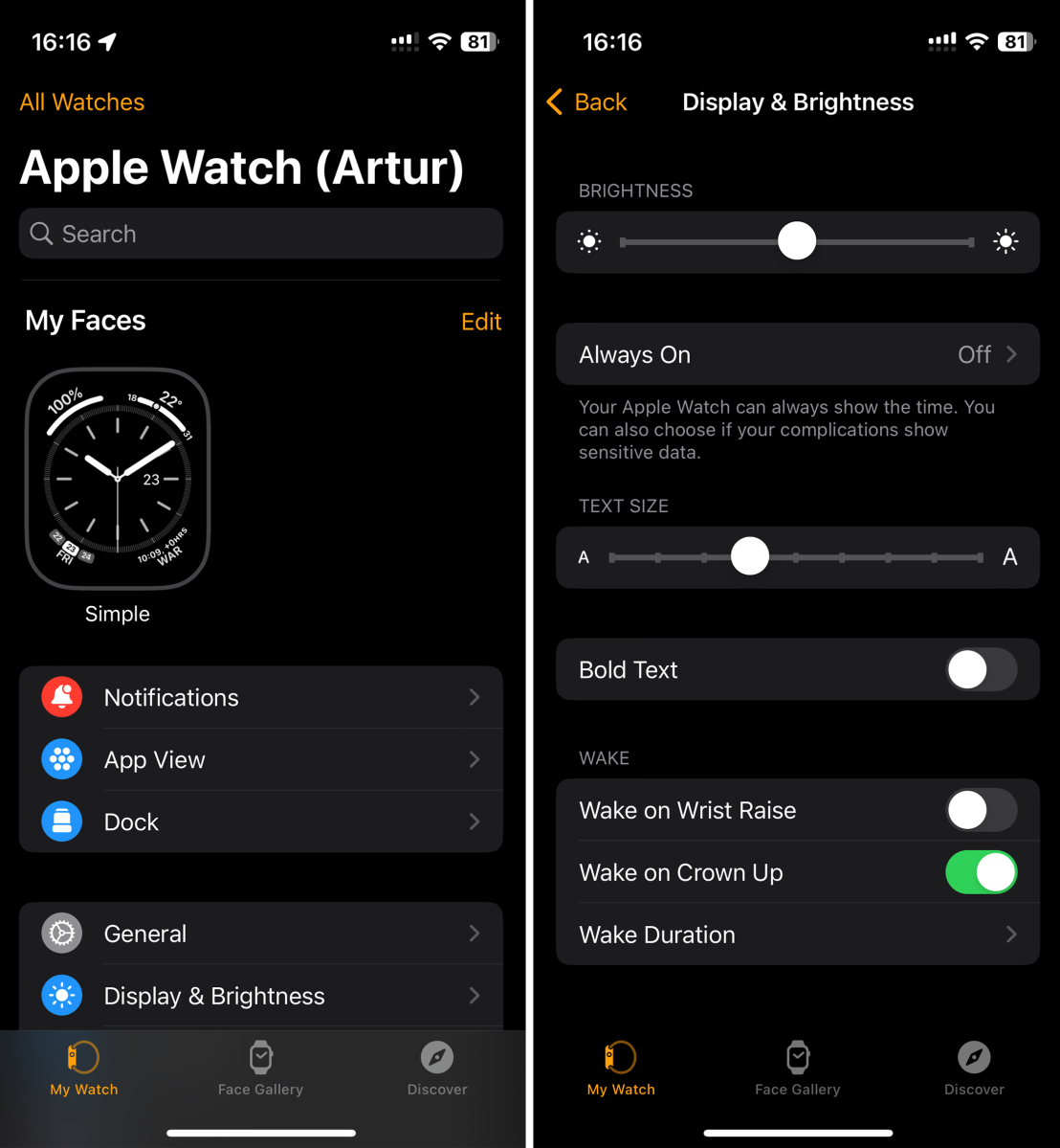 Screenshot of Apple Watch's settings on iOS