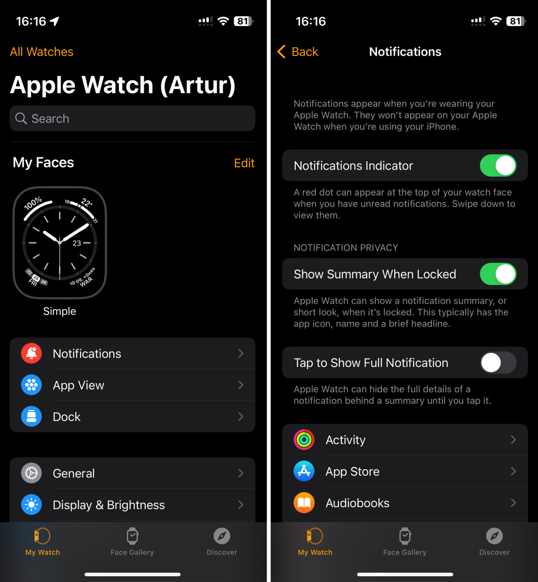 Screenshot of Apple Watch's settings on iOS