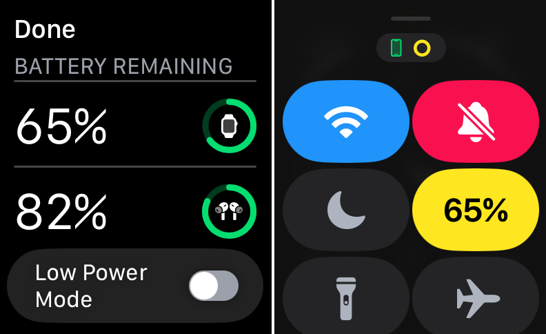 Screenshot of Apple Watch's quick settings