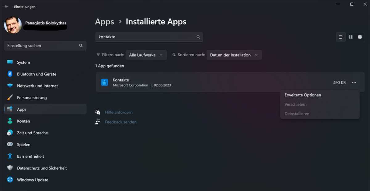 Kontakte-App in den Windows-Einstellungen mit ausgegrautem "Deinstallieren"-Button
