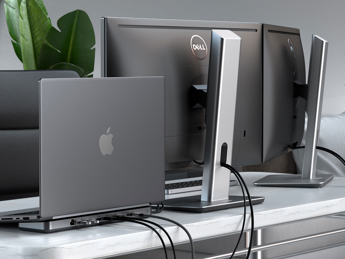 Satechi Dual Dock Stand panel trasero con MacBook apoyado