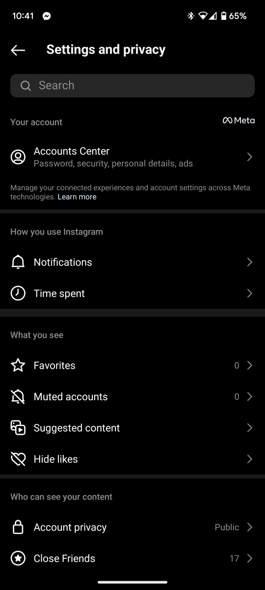 Instagram Setting and Privacy page