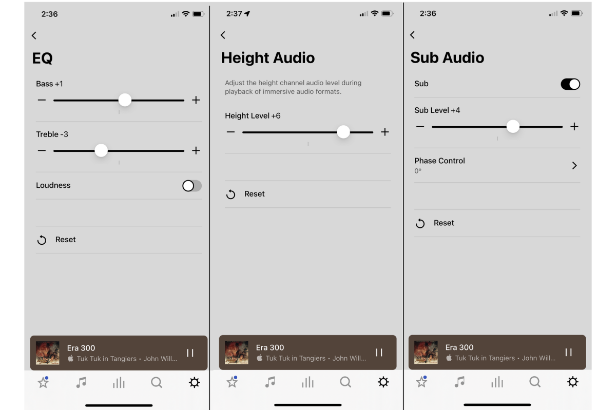 Sonos app screenshots showings EQ settings