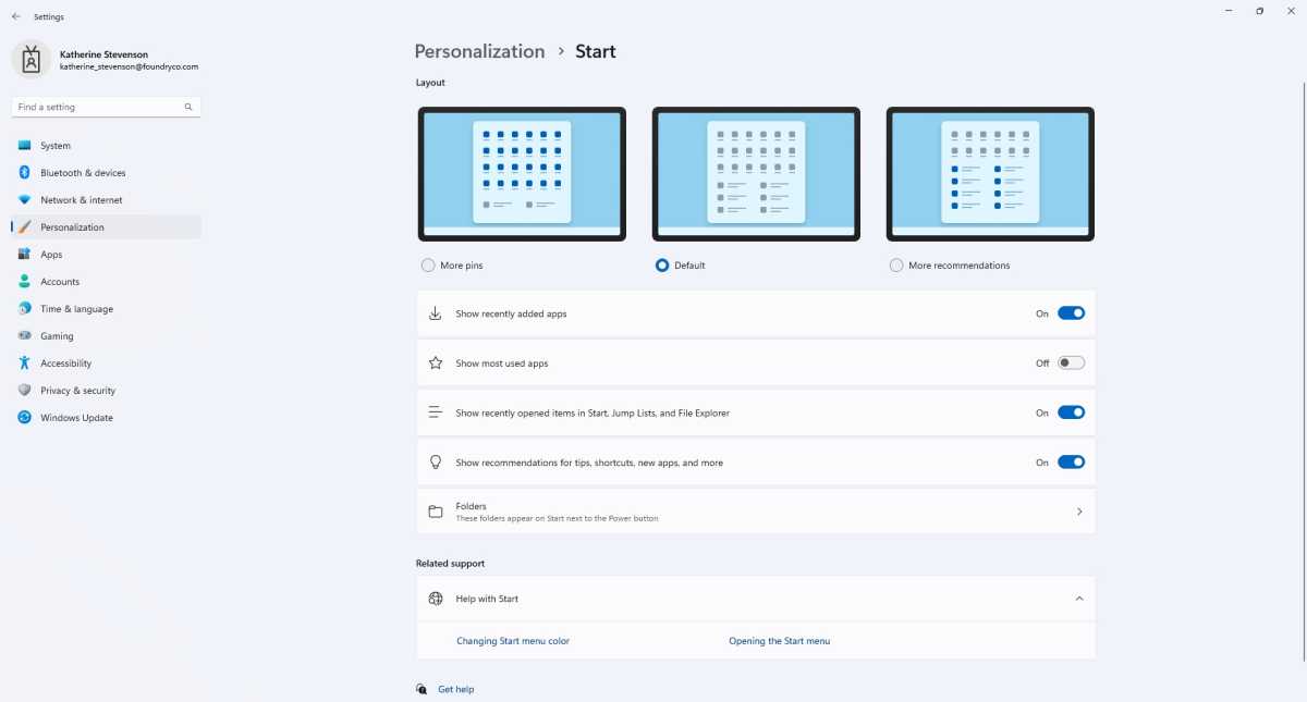 Start menu personalization in Windows