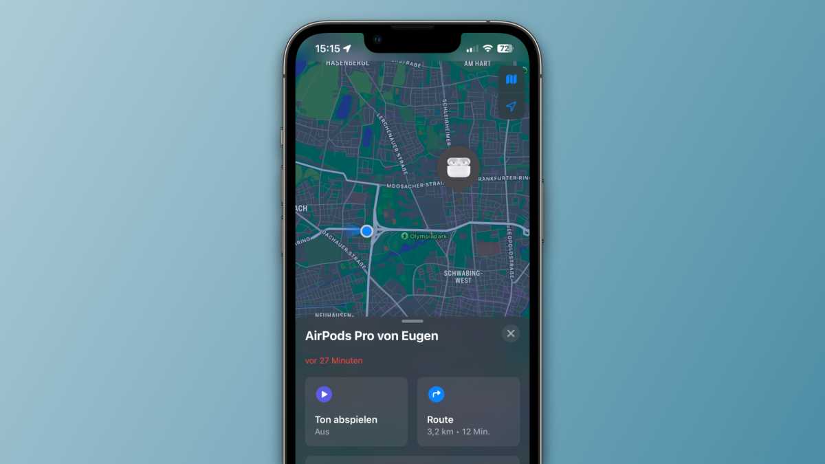 Screenshot der „Wo ist?“-App auf einem iPhone. Auf einer Karte wird der aktuelle Standort des iPhones und der Airpods angezeigt.