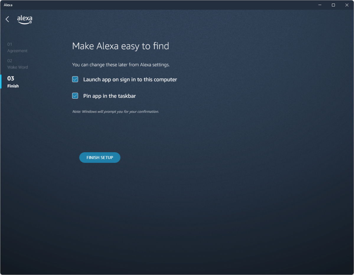 Alexa setup taskbar