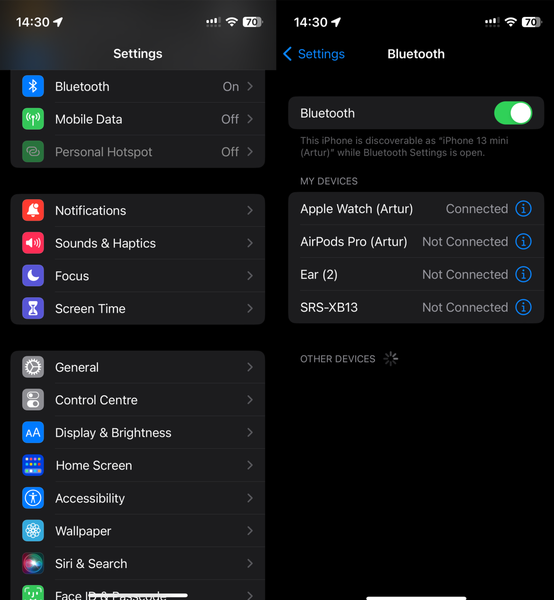 A screenshot of iOS Bluetooth settings