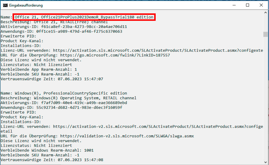 Informationen zur Version von Microsoft Office fragt man mit einem speziellen Befehl ab. Außerdem zeigt das Tool die Anzahl der noch verfügbaren Verlängerungsoptionen.