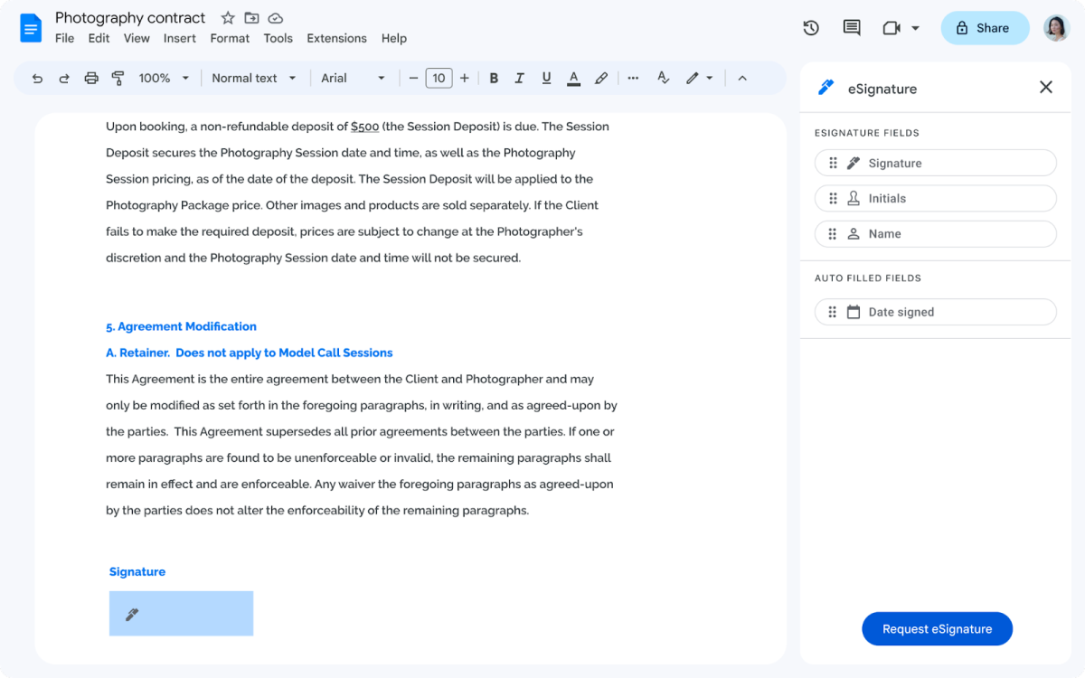 Google Docs eSignature feature (light mode)