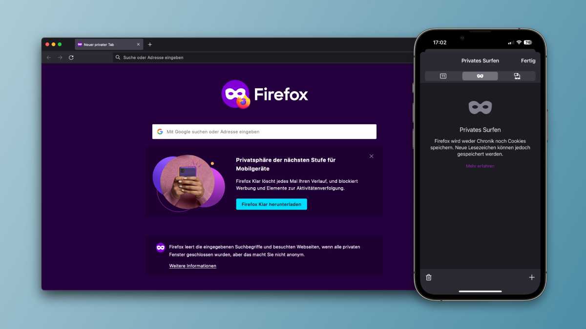 Screenshots des privaten Modus von Firefox unter macOS und iOS
