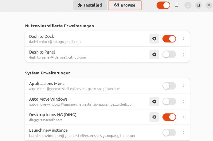 Mehr Funktionen für Gnome: Das Tool Extension- Manager ermöglicht die Verwaltung, Konfiguration und Installation neuer Erweiterungen.