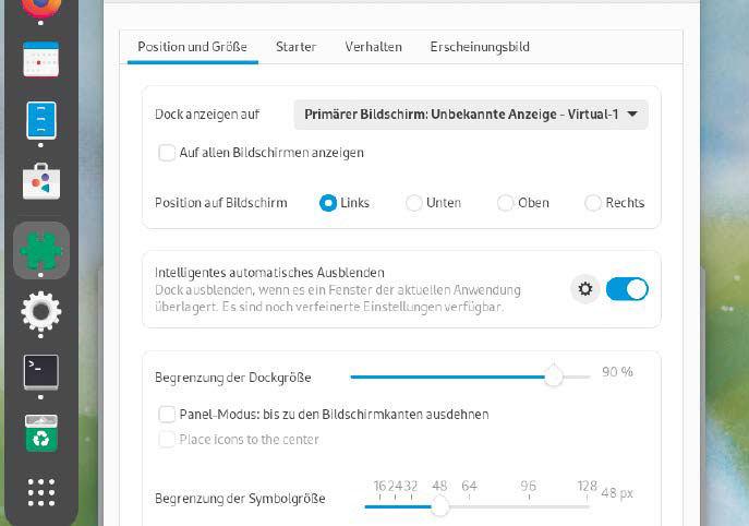 Dash konfigurieren: Die Erweiterung Dash to Dock bietet umfangreiche Einstellungen für die Favoritenleiste. Sie können dann auch die Position und das Verhalten konfigurieren.