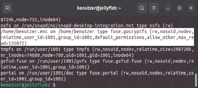 Eingehängt und entschlüsselt: Die Ausgabe des Befehls „mount“ zeigt, dass PAM den Ordner „/home/benutzer. enc“ automatisch nach dem Log-in verfügbar gemacht hat.