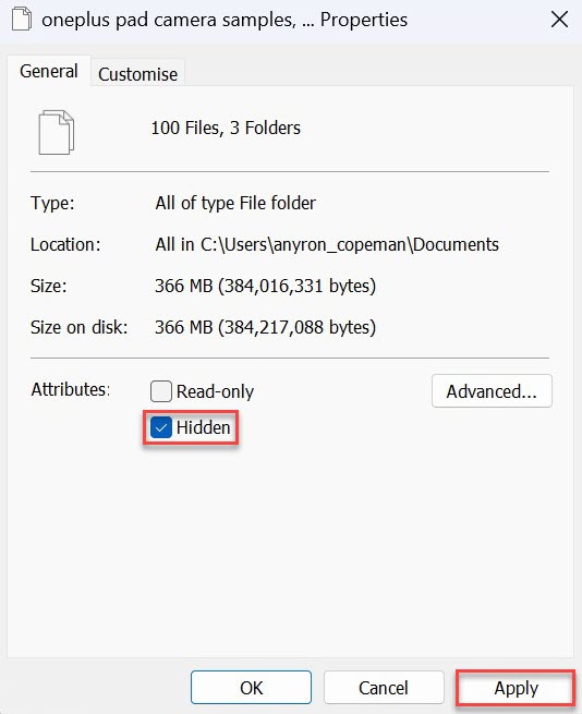 Windows 11 hide files method screenshot
