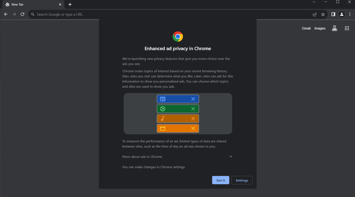 Enhanced ad privacy settings notification in Chrome