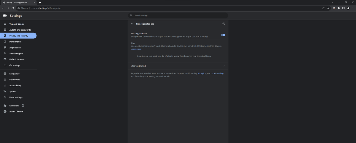 Google Chrome Site-suggested ads settings
