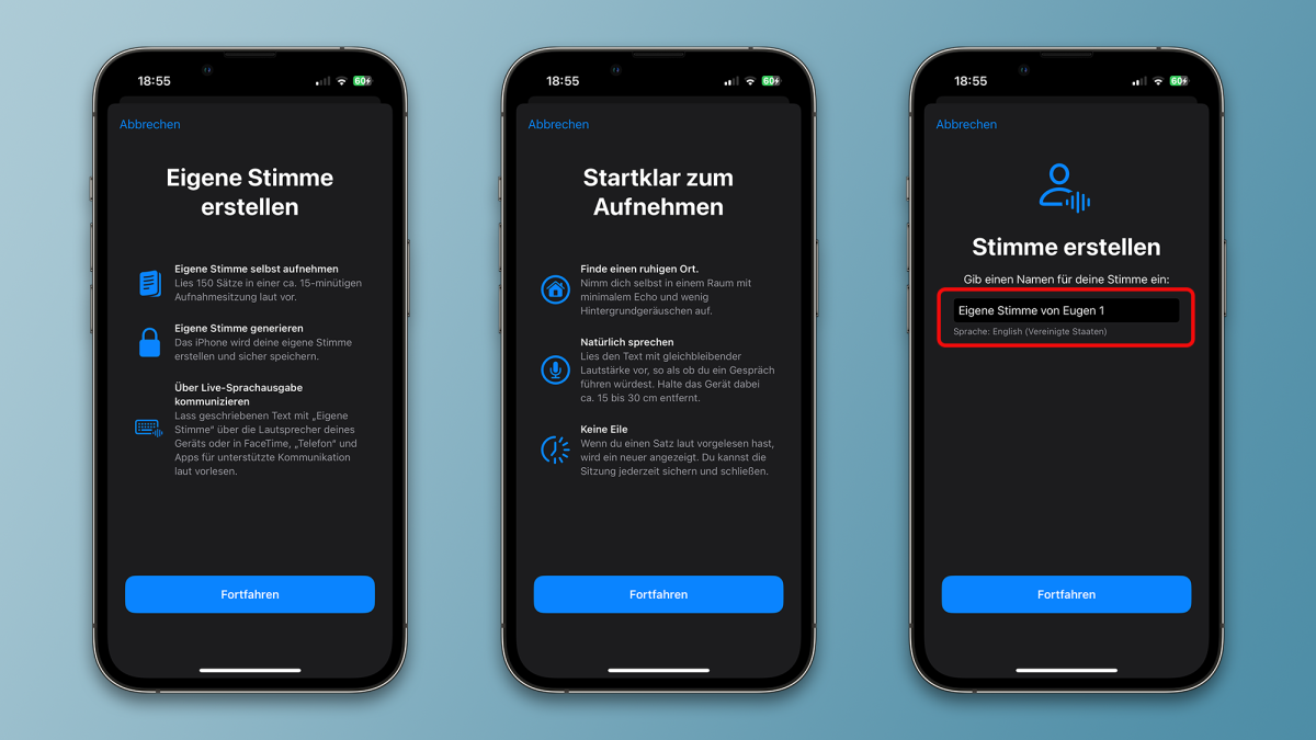 Screenshot der Einrichtung der eigenen Stimme in iOS 17