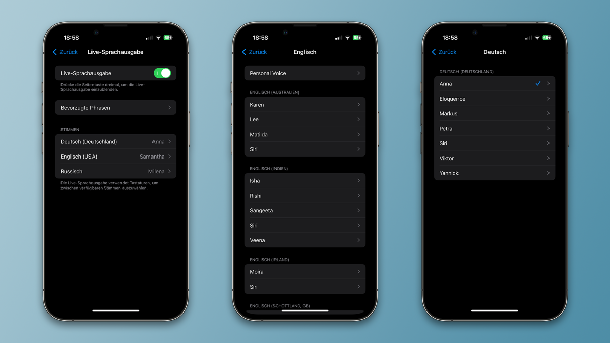 Screenshot der Einstellungen für die Live-Sprachausgabe in iOS 17