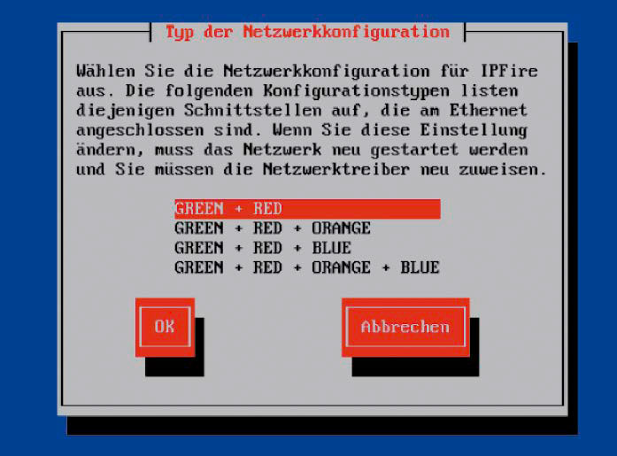Während der Netzwerkkonfiguration müssen Sie sich zwischen den angebotenen Farbcodes entscheiden.