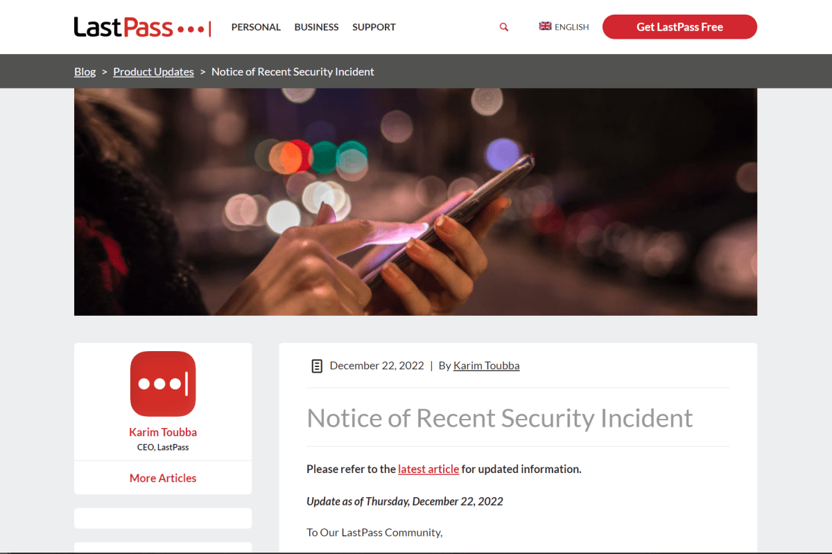 Screenshot of LastPass security bulletin