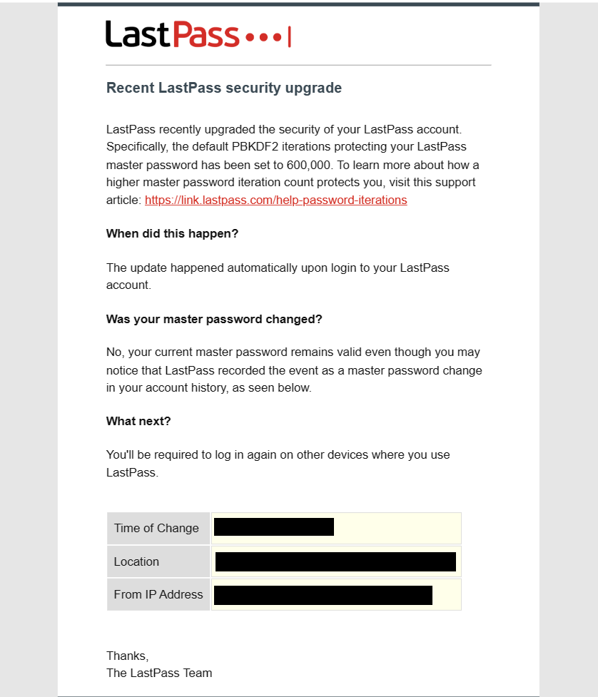 LastPass şifre yineleme yükseltme e-postası