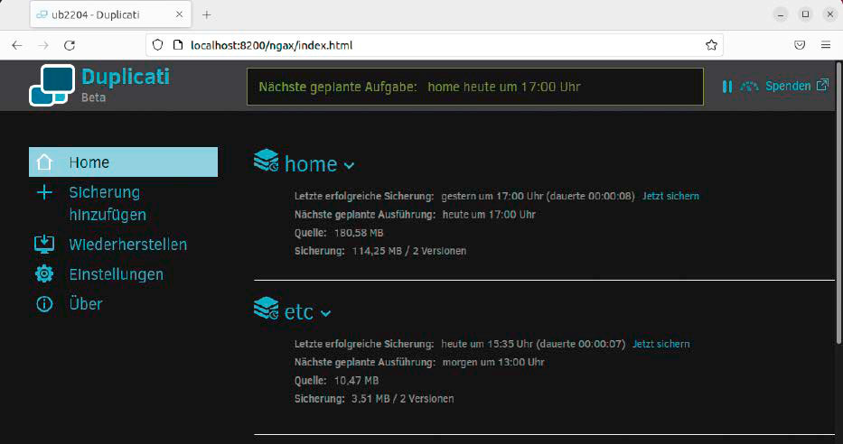 Dateien mit Duplicati sichern: Konfiguration und Bedienung erfolgen im Webbrowser. Für Ordner außerhalb von „/home“ muss Duplicati als Dienst gestartet werden.