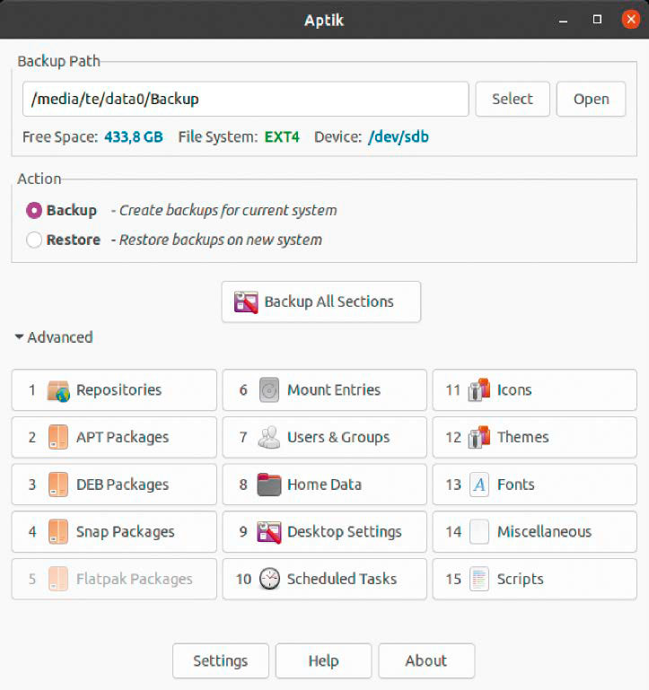 Einstellungen mit Aptik speichern: Das Tool speichert neben den persönlichen Dateien auch die apt-Konfiguration und eine Liste der selbst installierten Pakete.