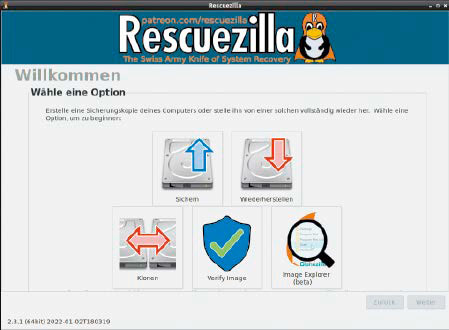 Komplettbackup mit Rescuezilla: Das Programm bietet eine übersichtliche deutschsprachige Oberfläche, die Partitionen mit wenigen Mausklicks als Image sichert.