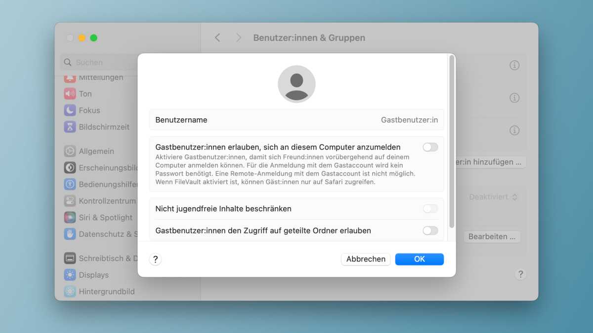 Screenshot der Einrichtung eines Gast-Accounts unter macOS Sonoma