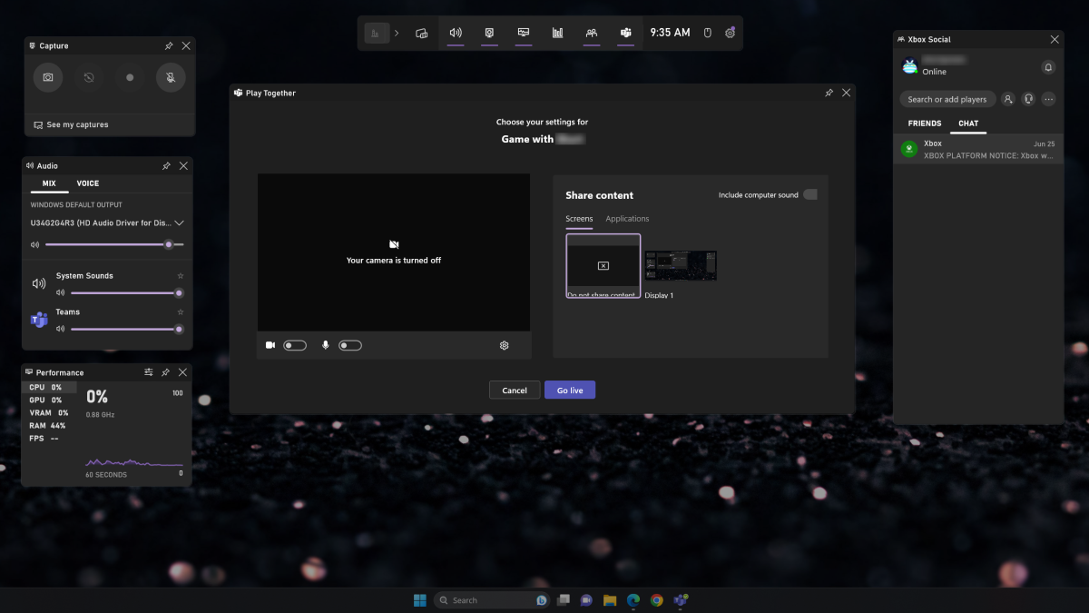 Microsoft Teams Play Together Xbox Game Bar interface