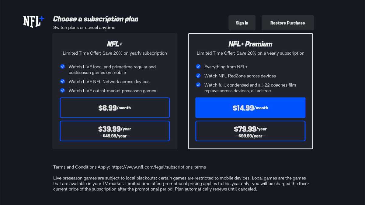 NFL+ Premium sign-up page