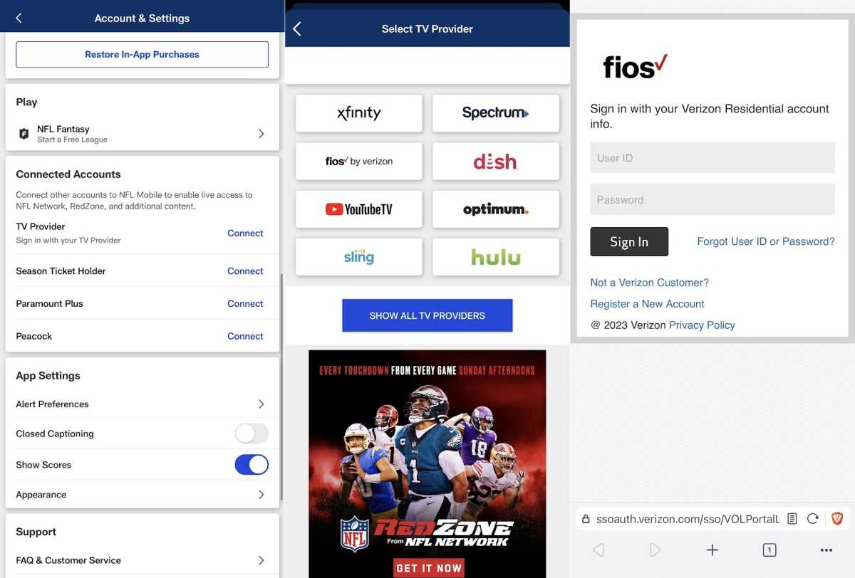 Signing into the NFL mobile app with a TV provider