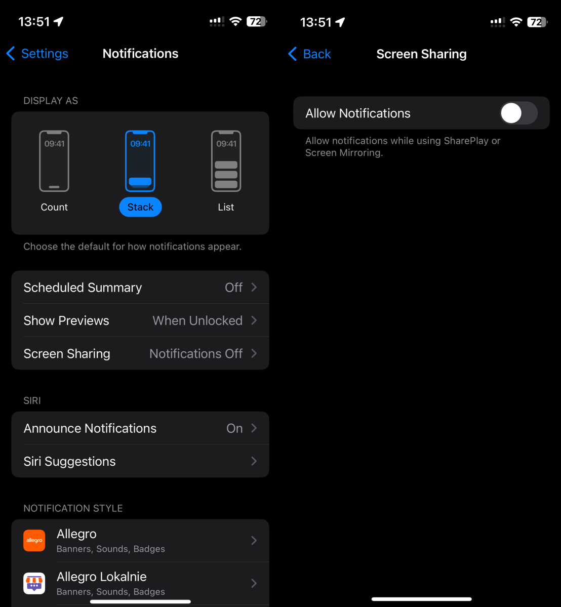 A screenshot of iOS Notifications settings