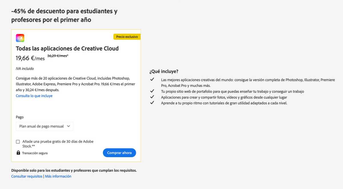 Descuento para estudiantes de Adobe Creative Cloud