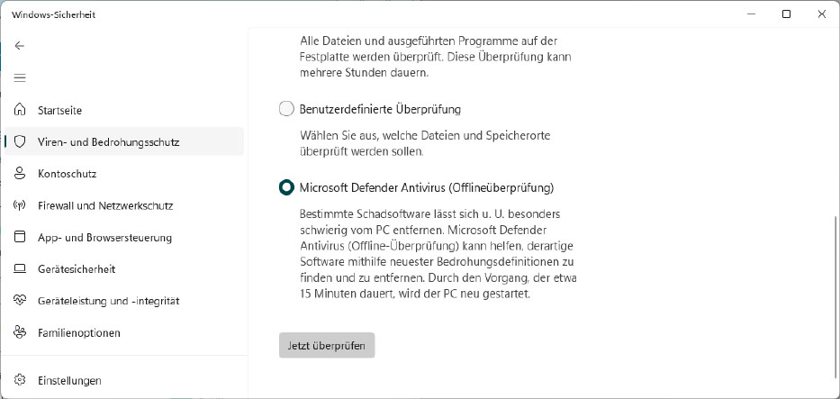 Der Microsoft Defender führt auf Wunsch einen Offline-Scan durch, der nach einem Neustart wirksam wird und dann beispielsweise auch Bootsektorviren erkennt und entfernt.
