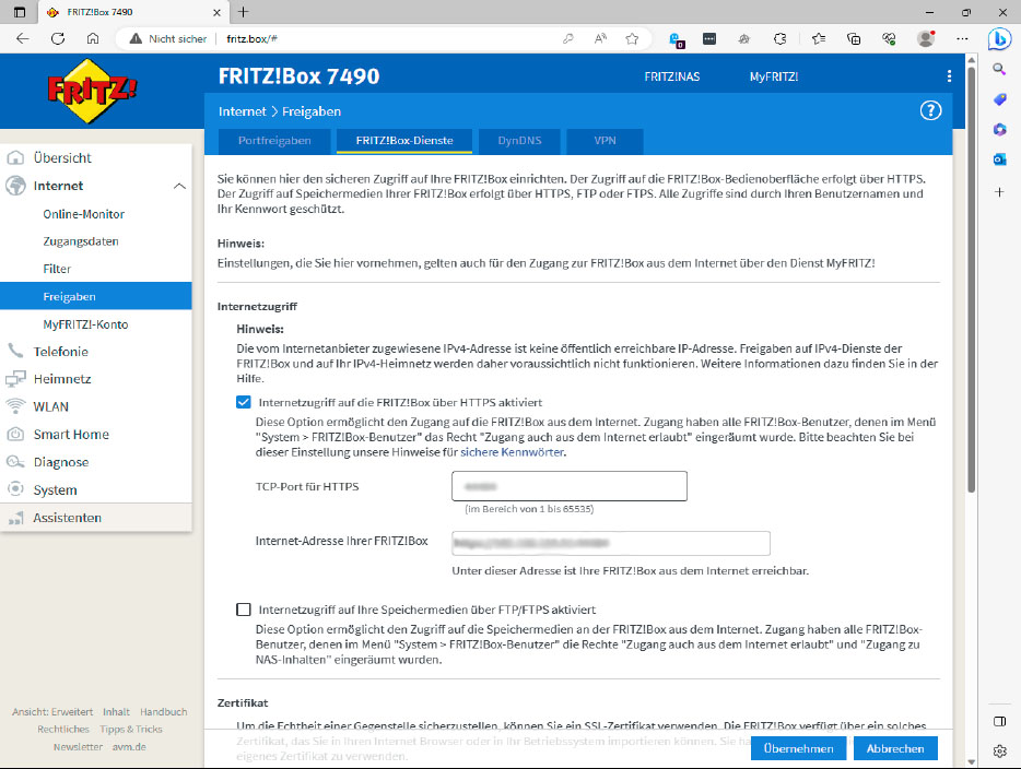 Wenn Sie in der Fritzbox den Zugriff per HTTPS übers Internet aktivieren, öffnen Sie damit notgedrungen einen Port. Wenn Sie diesen Dienst nicht benötigen, sollten Sie ihn abschalten.