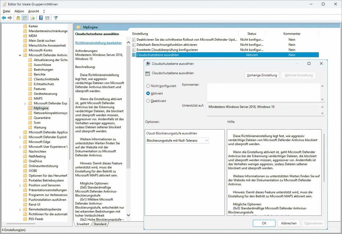 Windows Pro: Microsoft Defender auf „Null-Toleranz“- Stufe schalten