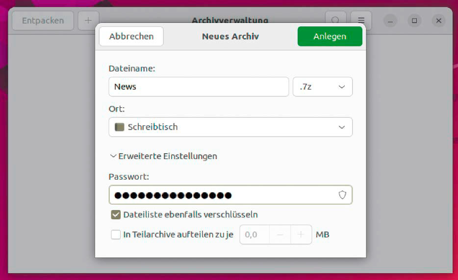 7z im Archivmanager: Das Packerformat 7-Zip ist fast Pflicht, zumal es eine Passwortoption bietet, die sensible Dateien sicher verschlüsselt.