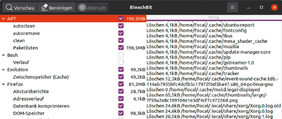 Bleachbit: Das Werkzeug leistet gute Dienste beim automatisierten Aufräumen von Browsercache, Updatecache, verwaisten Paketen und anderen Dateileichen.