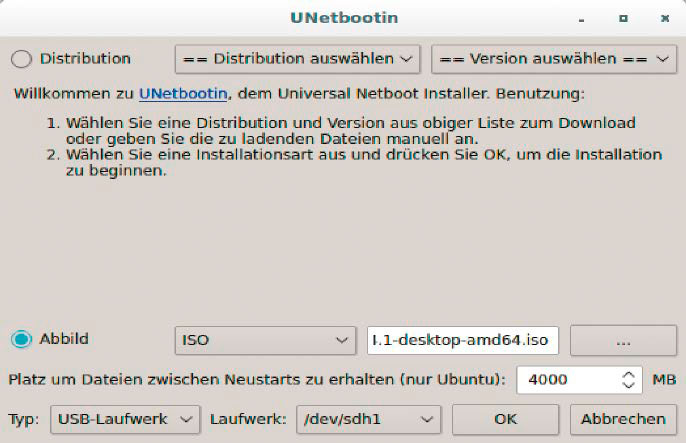 Unetbootin mit Persistenzoption: Damit kann das Ubuntu-Livesystem Einstellungen speichern und zusätzliche Software dauerhaft nachinstallieren.
