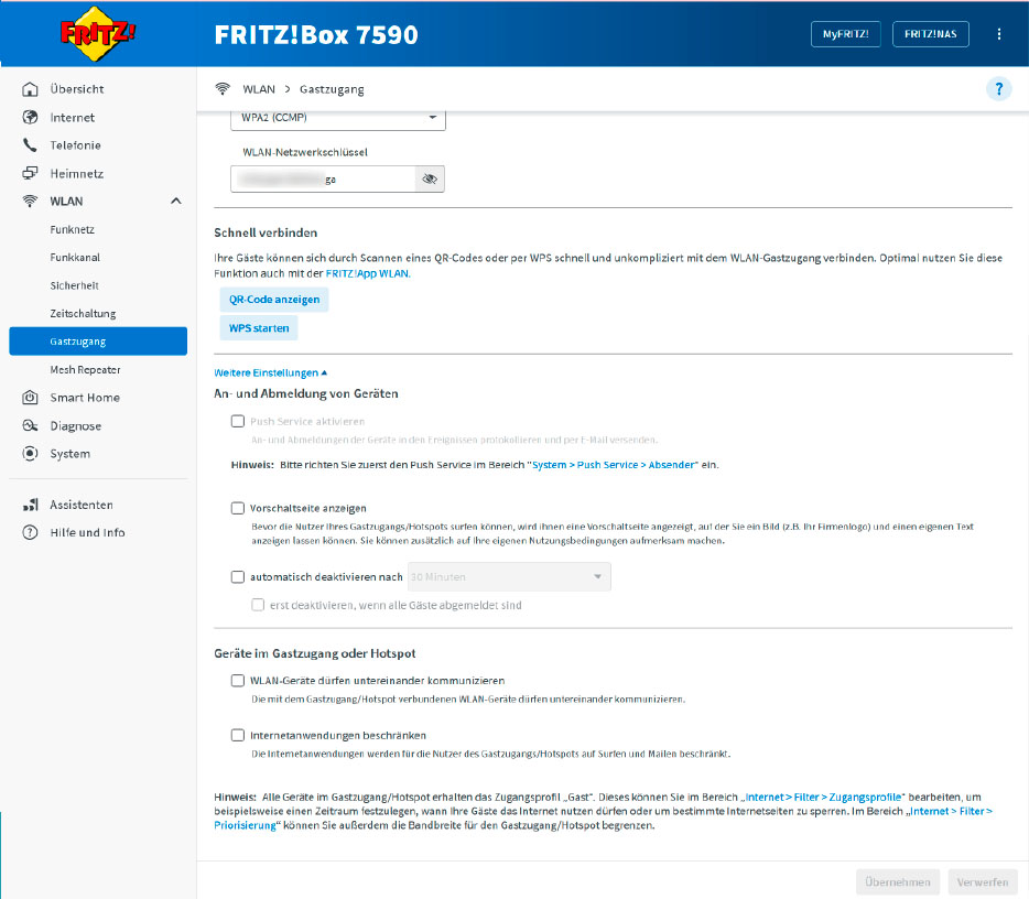 Unter „Weitere Einstellungen“ können Sie den Gastzugang noch weiter an den eigenen Einsatzzweck anpassen, indem Sie zum Beispiel eine Vorschaltseite anzeigen lassen oder bestimmte Onlinedienste ausschließen.