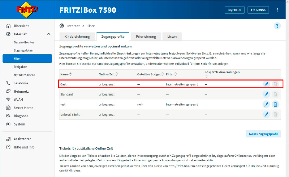 Der Gastzugang lässt sich besser schützen, indem Sie das in den Filtereinstellungen der Kindersicherung vorbereitete Profil „Gast“ anpassen: Sie können zum Beispiel die Nutzungsdauer des Gast-WLANs beschränken.