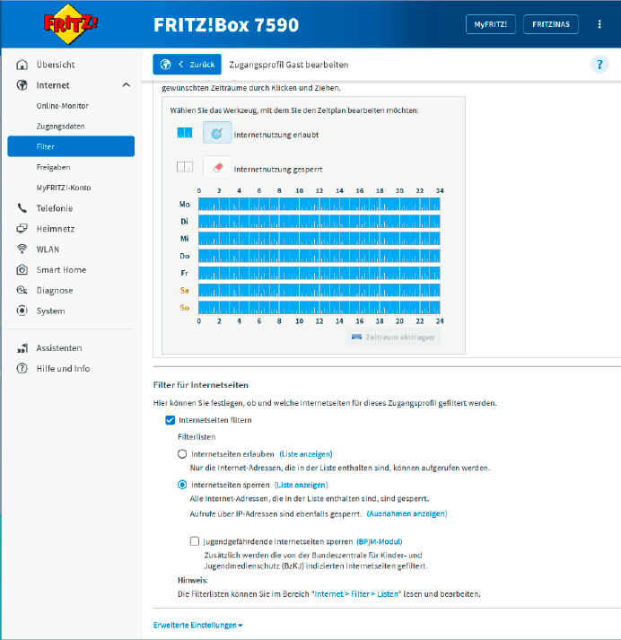 Automatischer Filter: In der Fritzbox können Sie außerdem das BPjMModul aktivieren, um für Minderjährige ungeeignete Webseiten zu sperren.