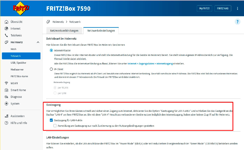 In vielen Fritzbox-Modellen wie hier bei der 7590 können Sie den LAN-4-Port dem Gastzugang zuweisen, sodass auch Geräte ins Gastnetz kommen, die nur einen Ethernet-Anschluss, aber kein WLAN haben.