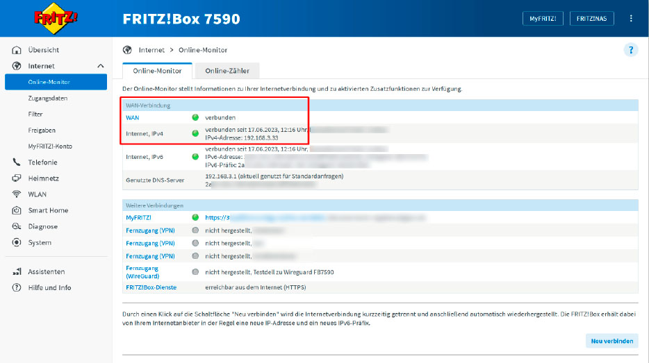 Welchen Adressbereich das Hauptnetz nutzt, sehen Sie im Menü des Zweitrouters: Eine Fritzbox zeigt sie unter dem Onlinemonitor als IPv4-Adresse der WAN-Verbindung an.