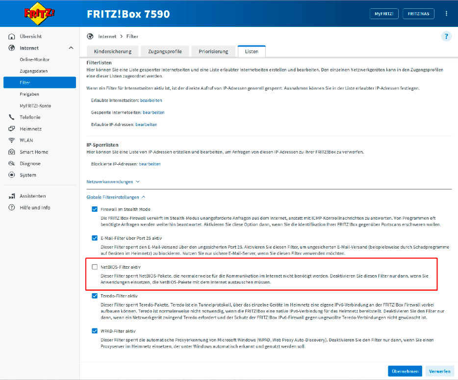 Eine Fritzbox sperrt standardmäßig das SMB-Protokoll, das für Windows-Freigaben notwendig ist, wenn ein Zugriff über den WAN-Port erfolgt. Arbeitet die Fritzbox als Zweitrouter, schalten Sie diese Sicherheitsfunktion ab.