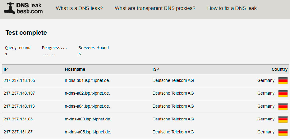 Spezielle Webseiten wie www.dnsleaktest.com zeigen die DNS-Server an, die Ihr Router bei einer Internetverbindung abfragt. Meist sind es die des Internetanbieters, hier von der Telekom.